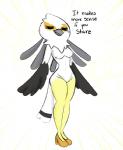 anthro beak breasts clothing eyes_closed female footwear genitals high_heels looking_at_viewer non-mammal_breasts nude pussy shoes simple_background solo text vallycuts aggretsuko sanrio secretary_washimi accipitriform avian bird secretary_bird digital_media_(artwork) english_text