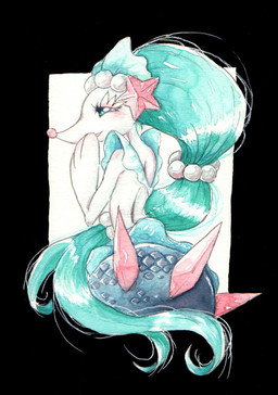 black_background blue_body blue_eyes blue_hair blue_scales blush female feral fur hair half-closed_eyes long_hair narrowed_eyes scales semi-anthro simple_background smile split_form white_body white_fur haitaniura nintendo pokemon aquatic generation_7_pokemon merfolk pokemon_(species) primarina hi_res traditional_media_(artwork)