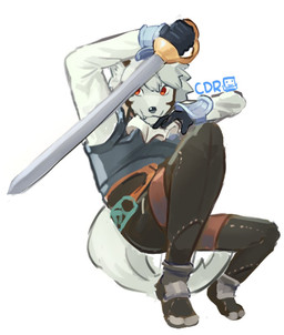 ankle_guards anthro armor black_clothing black_gloves black_handwear black_nose boots bottomwear brown_body brown_bottomwear brown_clothing brown_fur brown_pants closed_smile clothing fangs fluffy fluffy_tail footwear fur gloves hair handwear holding_melee_weapon holding_object holding_sword holding_weapon inner_ear_fluff kerchief leather leather_boots leather_bottomwear leather_clothing leather_footwear leather_pants long_sleeves male male_anthro melee_weapon mouth_closed multicolored_body multicolored_fur pants red_eyes shirt shoes simple_background smile snout solo sword tail teeth topwear tuft weapon white_background white_body white_clothing white_fur white_hair white_inner_ear_fluff white_kerchief white_shirt white_topwear wrist_guards cdbreaker_(artist) cygames world_flipper albert_(world_flipper) canid canine canis domestic_dog mammal 2026 portrait signature