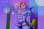 anthro blue_eyes clothed clothing dancing flexing fur hair looking_at_viewer male multicolored_tail nipples piercing rainbow_tail smile solo stripper tail white_body white_fur franklyfurry frankie_snow canid canine canis mammal wolf 3:2 hi_res