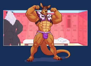3_toes 5_fingers abs anthro backsack balls barazoku bench biceps big_muscles biped black_body black_fur blue_eyes brown_body brown_claws brown_eyebrows brown_finger_claws brown_fur brown_hair brown_nose brown_toe_claws bulge butt claws closed_smile clothed clothed_anthro clothed_male clothing countershade_face countershade_fur countershade_torso countershading detailed_background detailed_bulge duo eyebrows eyewear facial_hair feet finger_claws fingers fist flexing flexing_bicep flexing_both_biceps floor football_gear front_view fur genitals glasses hair humanoid_hands inside jockstrap locker locker_room male male_anthro mane mouth_closed muscular muscular_anthro muscular_arms muscular_male muscular_thighs nude nude_anthro nude_male pecs plantigrade purple_clothing purple_jockstrap purple_underwear quads rear_view rectangular_glasses shoulder_pads sideburns simple_background smile solo_focus standing tail tan_body tan_countershading tan_fur tan_inner_ear tile tile_floor toe_claws toes topless topless_anthro topless_male towel transparent_background triceps underwear wearing_glasses white_mane almasy dangaroo felid kangaroo lion macropod mammal marsupial pantherine red_kangaroo alpha_channel digital_drawing_(artwork) digital_media_(artwork) full-length_portrait hi_res portrait shaded