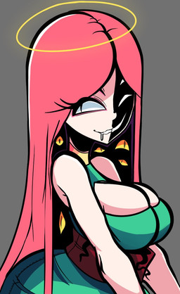4_eyes big_breasts bodily_fluids breasts cleavage_cutout clothed clothed_female clothing cutout dress drooling eyelashes female green_clothing green_dress grey_background hair halo light_body light_face light_skin long_hair multi_eye not_furry pink_hair pupils saliva shadow_face simple_background slit_pupils smile solo qwerty_soda jane_(qwerty_soda) angel angel_humanoid humanoid 2019 digital_drawing_(artwork) digital_media_(artwork) half-length_portrait hi_res portrait