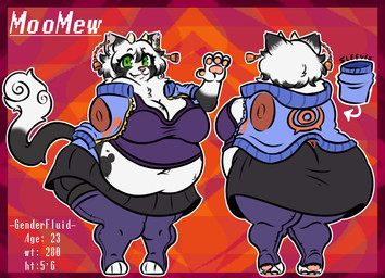 abstract_background anthro back_boob bell_ear_ring big_breasts big_butt black_body black_bottomwear black_clothing black_fur black_skirt blue_clothing blue_jacket blue_topwear bottomwear breasts butt cleavage clothed clothed_female clothing cowbell curvy_figure dewlap_(anatomy) ear_piercing ear_ring fangs female female_anthro fluffy fluffy_tail fur gesture green_eyes hair horn huge_breasts huge_butt inner_ear_fluff jacket legwear midriff multicolored_body multicolored_fur navel obese obese_anthro obese_female overweight overweight_anthro overweight_female pawpads piercing ring_piercing skirt smile smiling_at_viewer spots stockings tail teeth text thick_thighs toeless_legwear toeless_stockings topwear tuft two_tone_body two_tone_fur unzipped_jacket voluptuous voluptuous_female waving waving_at_viewer white_body white_fur white_hair wide_hips zipper pknoel earthbound_(series) nintendo moomew_(moomew) bovid bovine cattle domestic_cat felid feline felis hybrid mammal tuxedo_cat 2026 digital_drawing_(artwork) digital_media_(artwork) english_text hi_res model_sheet genderfluid_(lore)