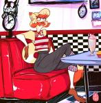 1980s_theme alternative_fashion anthro arm_support arm_tuft barefoot beverage biped blonde_hair blush blush_stickers bob_cut bottomwear breasts brown_body brown_fur brown_nose capri_pants chair checkered checkered_floor checkered_wall cherry clock clothed clothing crossed_legs diner dipstick_ears drinking_straw ear_markings ears_back eye_through_hair eyebrow_through_hair eyebrows eyelashes feet female food fries fruit fur furniture glass gloves_(marking) grey_bottomwear grey_clothing hair heterochromia humanoid_hands inner_ear_fluff inside kerchief leaning_on_elbow leg_markings leg_tuft long_tail looking_away markings midriff milkshake multicolored_body multicolored_ears multicolored_fur multicolored_hair neckerchief neckwear on_chair orange_body orange_fur orange_hair pants pink_clothing pink_topwear pivoted_ears plant prehensile_feet pupils raised_eyebrows red_clothing red_topwear restaurant rockabilly shirt short_hair side_view sitting slim small_breasts small_pupils small_waist smile socks_(marking) solo striped_body striped_fur striped_markings striped_tail stripes table tail tail_markings tank_top toes toony topwear translucent translucent_hair tuft two_tone_hair white_body white_fur white_stripes yellow_body yellow_fur yellow_stripes ryarik lemur mammal primate ring-tailed_lemur strepsirrhine 2017 digital_media_(artwork) watermark