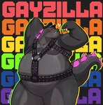 anthro belly big_belly black_background bodily_fluids claws clothing featureless_crotch flexing hand_behind_head harness hat headgear headwear leather leather_daddy lgbt_pride male narrowed_eyes nude overweight overweight_anthro overweight_male pattern_background pride_color_text pride_colors rainbow_pride_colors scales simple_background smile solo standing stated_homosexuality stated_sexuality sweat sweatdrop teeth text text_background thick_thighs said_the_saisio godzilla_(series) lgbt_pride_month toho godzilla kaiju monster reptile scalie 2024 absurd_res english_text hi_res signature