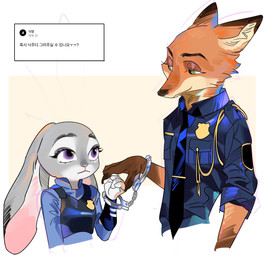 anthro clothed clothing cuff_(restraint) duo eye_contact female fur green_eyes grey_body grey_fur handcuffed_together handcuffs looking_at_another male male/female metal_cuffs police police_uniform purple_eyes restraints size_difference text uniform romu_38 disney zootopia judy_hopps nick_wilde canid canine fox lagomorph leporid mammal rabbit red_fox true_fox half-length_portrait hi_res korean_text portrait translated