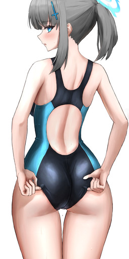 accessory blue_eyes breasts butt clothing eyebrows eyelashes female grey_hair hair hair_accessory halo inner_ear_fluff one-piece_swimsuit ponytail side_boob solo swimwear thigh_gap tuft wedgie tyoitohikkosi07 blue_archive shiroko_(blue_archive) animal_humanoid canid canid_humanoid canine canine_humanoid humanoid mammal mammal_humanoid wolf_humanoid 2026 absurd_res hi_res