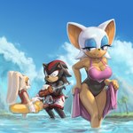 anthro big_breasts breasts cleavage clothed clothing female group male one-piece_swimsuit pool_toy swimwear toy toy_gun trio water_gun kujalla sega sonic_the_hedgehog_(series) cream_the_rabbit rouge_the_bat shadow_the_hedgehog eulipotyphlan hedgehog lagomorph leporid mammal rabbit 1:1 2024 hi_res