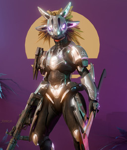 3_fingers anthro avian_caruncle axe face_covered feather_hair feathered_crest feathers female fingers fire_axe flat_chested fog full_armor glowing glowing_eyes gun head_crest holding_axe holding_object holding_ranged_weapon holding_submachine_gun holding_weapon looking_at_viewer palm_tree pink_eyes pink_sky plant pseudo_hair ranged_weapon sharp_teeth sky solo standing stylized_background submachine_gun sun synthwave teeth tree weapon yellow_body yellow_feathers synca pickle_juice_(modeler) halo_(series) microsoft xbox_game_studios syn_cah alien avian kig-yar scalie t'vaoan 3d_(artwork) digital_media_(artwork)