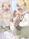 anthro appliance binoculars blonde_hair brown_body brown_fur clothed clothing eating food fur hair laundry_machine male pecs sandwich_(food) solo topless washing_machine oresamaookami lifewonders live_a_hero roiker hyena mammal 3:4