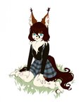 ankle_tuft anthro black_clothing black_shirt black_topwear blue_eyes bottomwear brown_hair clothing female flower grass hair inner_ear_fluff leg_tuft myakishhs plaid plant shirt simple_background skirt small_nose solo teal_eyes topwear tuft tufted_ears hazelnut_yui_(character) hazelnut_yui_(hazelkisses) canid canine canis domestic_dog herding_dog mammal pastoral_dog sheepdog shetland_sheepdog