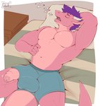 anthro balls bed biped bulge clothing digital_drawing_(artwork) digital_media_(artwork) erection foreskin furniture genitals glans hair hand_behind_head hi_res horn humanoid_genitalia humanoid_penis lying male navel nsfw_def on_back on_bed penis pink_body scalie sleeping solo sound_effects tail underwear vowelless vowelless_sound_effect zzz