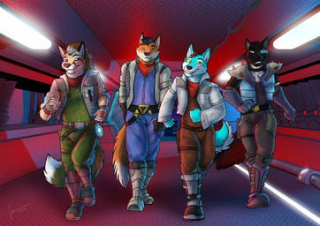 anthro black_body black_fur black_hair black_nose blue_body blue_bottomwear blue_clothing blue_eyes blue_fur blue_jacket blue_pants blue_topwear bottomwear brown_bottomwear brown_clothing brown_hair brown_nose brown_pants clothed clothing fur green_bottomwear green_clothing green_eyes green_pants grey_bottomwear grey_clothing grey_jacket grey_pants grey_topwear grin group hair hand_in_pocket inside jacket looking_at_viewer male male_anthro mouth_closed orange_body orange_fur pants pockets red_eyes short_hair shoulder_pads smile tan_body tan_fur topwear white_body white_clothing white_fur white_hair white_jacket white_topwear hufnaar canid canine mammal 2015 dated signature