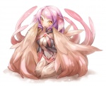 amber_eyes blush breasts cleavage clothed clothing feathered_wings feathers female hair kneeling looking_at_viewer monster_girl_(genre) purple_hair simple_background solo wings frfr european_mythology greek_mythology mythology avian harpy humanoid mythological_avian mythological_creature winged_humanoid