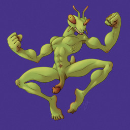 abs action_pose antennae_(anatomy) anthro brown_glans erection feet flexing genitals glans green_body green_skin humanoid_feet jumping long_penis male muscular muscular_male pecs penis plantigrade pose raised_arms short_tail simple_background skinny small_waist smile solo tail thin_penis unusual_glans ravuer arthropod insect mantis 1:1 hi_res