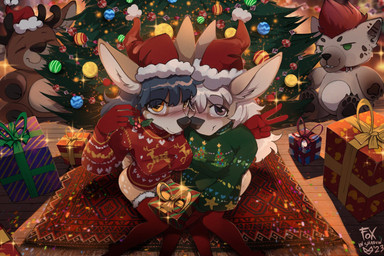 anthro black_nose blue_hair bottomless brown_eyes carpet christmas_clothing christmas_headwear christmas_sweater christmas_topwear christmas_tree clothed clothing duo female female/female fur gesture gift gift_wrapped gloves hair hand_gesture handwear hat headgear headwear holidays legwear markings plant plushie santa_hat scut_tail short_tail spots spotted_body spotted_fur sweater tail thigh_highs topwear tree v_sign white_hair yellow_eyes foxinshadow christmas adaline_(sharemyshipment) aldea_(character) deer mammal 2023 3:2 hi_res