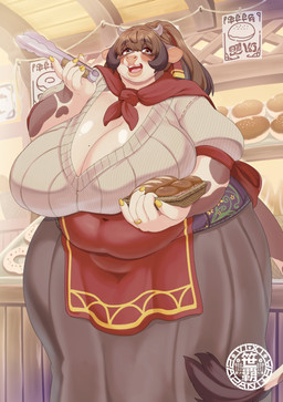anthro apron belly big_belly big_breasts black_body black_fur black_hair blush breasts brown_hair cape ceiling cleavage clothed clothing colored_nails cooking_tongs deep_navel digit_ring eyebrow_through_hair eyebrows female female_anthro finger_ring fingernails fur glistening glistening_breasts grey_horn hair holding_bread holding_object holding_plate holding_tongs holding_tool horn huge_belly huge_breasts inside jewelry kitchen_utensils logo looking_at_viewer markings mole_(marking) mole_on_breast nails navel navel_outline open_mouth overweight overweight_anthro overweight_female plate red_apron red_cape red_clothing solo standing tail tail_tuft text thick_thighs tongs tools translucent translucent_hair tuft white_body white_fur wide_hips yellow_fingernails yellow_nails sasanoha6011 bovid bovine cattle holstein_friesian_cattle mammal absurd_res artist_logo hi_res japanese_text