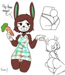 anthro brown_body brown_hair buckteeth carrot clothing dress female food hair long_ears panties plant smile solo tail teeth underwear vegetable polterousr animal_crossing nintendo carmen_(animal_crossing) lagomorph leporid mammal rabbit hi_res