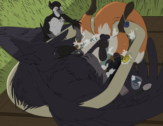 animal_genitalia animal_penis anthro balls bath beak black_penis blue_eyes canine_genitalia canine_penis duo erection feathered_wings feathers feral genitals knot male penis wings underscore_b mythology alexandros napoleon_(underscore-b) avian bird canid canine fox gryphon hybrid mammal mythological_avian mythological_creature penguin