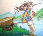 2014 anthro backpack blue_background bottomwear brown_body brown_fur brown_hair clothed clothing crop_top day equid equine feet female forest forest_background fully_clothed fur grass green_clothing green_shirt green_topwear hair hiking horn hotpants island lake looking_back mammal mountain multicolored_backpack mythological_creature mythological_equine mythology nature nature_background outside plant red_clothing red_shirt red_topwear rock shirt shorts signature simple_background solo tan_bottomwear tan_clothing tan_shorts topwear traditional_media_(artwork) tree unicorn unicorn_horn vicky_wyman water windswept_hair yellow_backpack