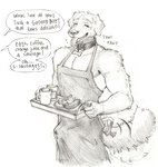 anthro apron apron_only beverage bodily_fluids breath clothing coffee coffee_mug collar container cup dripping egg erection erection_under_clothing eyes_closed food food_tray genital_fluids glass glass_container glass_cup good_boy holding_object holding_tray juice_(beverage) male meat muscular muscular_male panting partially_clothed_male praise praise_kink precum precum_drip sausage smile solo standing tail tail_motion tailwag teeth text tongue tongue_out tray akatan_art bird_dog canid canine canis domestic_dog golden_retriever hunting_dog mammal retriever english_text graphite_(artwork) hi_res traditional_media_(artwork)