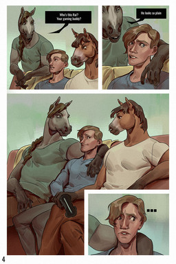anthro barbell_piercing circular_barbell_piercing comic_panel controller dialogue ear_piercing facial_piercing game_controller gaming group male male/male multiple_piercings nose_piercing piercing septum_circular_barbell septum_piercing text trio selezneva equid equine horse human mammal 2:3 comic english_text hi_res