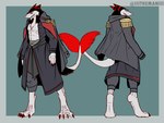 anthro barefoot black_body black_fur bottomwear chest_tuft claws clenched_teeth cloak clothed clothing dipstick_tail epaulet feet front_view fur fur_markings green_background green_eyes male markings multiple_poses pants pose rear_view red_body red_claws red_fur sash scar shirt simple_background smile solo standing tail tail_markings tail_tuft teeth topwear tuft white_body white_fur the_man vargos_silverfang mammal sergal 2022 4:3 absurd_res hi_res signature