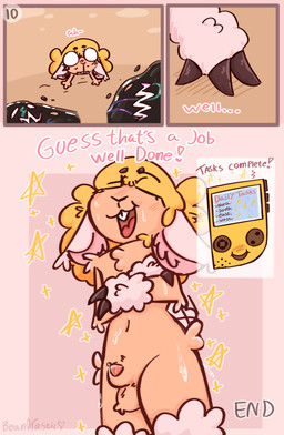 animal_genitalia anthro blonde_hair blush buckteeth fingers fluffy genitals good_end group hair hooved_fingers hooves horn male nude penis sheath small_penis smug tail tail_motion tailwag teeth text victory bean0tastic slime_rancher beanie_(bean0tastic) bovid caprine goo_creature mammal sheep slime_(slime_rancher) tarr_slime absurd_res hi_res