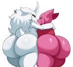 anthro big_butt black_sclera bottomless butt butt_focus clothed clothing duo fur hand_on_shoulder horn huge_butt looking_at_viewer looking_back looking_back_at_viewer male neck_tuft nude partially_clothed pink_body short_tail simple_background slightly_chubby tail tendrils thick_thighs topwear topwear_only tuft white_background white_body white_eyes white_fur yellow_eyes sssonic2 beri_(sqoon) null_(sssonic2) alien puwa 2020 hi_res