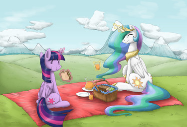 basket bedding beverage blanket bread cloud container crown cutie_mark duo eating eyes_closed feathered_wings feathers female feral food fur glass glowing gold_(metal) hair headgear horn jewelry juice_(beverage) levitation magic mountain multicolored_hair necklace orange_juice outside picnic picnic_blanket purple_body purple_fur purple_hair sandwich_(food) sitting sky sparkles two_tone_hair wings otakuap friendship_is_magic hasbro my_little_pony mythology princess_celestia_(mlp) twilight_sparkle_(mlp) equid equine mammal mythological_creature mythological_equine winged_unicorn 2013 absurd_res hi_res