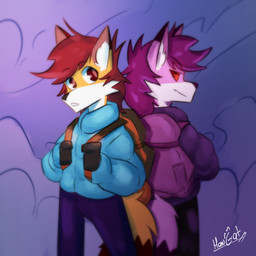 ambiguous_gender anthro back_to_back backpack bottomwear clothed clothing cosplay duo hair jacket pants purple_hair red_hair tail topwear harucat celeste_(game) madeline_(celeste) canid canine fox mammal 1:1 digital_media_(artwork) hi_res signature