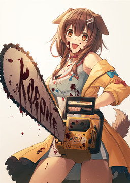 5_fingers blood bodily_fluids breasts chainsaw clothed clothing collar female fingers fur hair holding_chainsaw holding_object holding_power_tool holding_tool looking_at_viewer open_mouth open_smile power_tool simple_background smile solo tongue tools yellow_clothing mazel_star hololive vtuber inugami_korone animal_humanoid canid canid_humanoid canine canine_humanoid dog_humanoid humanoid mammal mammal_humanoid absurd_res hi_res