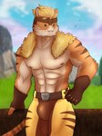 abs anthro belt biped blonde_hair bottomwear brown_bottomwear brown_clothing brown_fingerless_gloves brown_gloves brown_handwear brown_headwear brown_pants brown_striped_fur brown_stripes bulge cheek_tuft closed_smile clothed clothed_anthro clothed_male clothing facial_tuft fangs fingerless_gloves front_view fur fur_tuft gloves hair handwear headgear headwear looking_at_viewer male markings mouth_closed multicolored_body multicolored_fur muscular muscular_anthro muscular_male nipples orange_body orange_fur pants pattern_clothing sky smile solo standing striped_body striped_clothing striped_fur striped_markings striped_tail stripes tail tail_markings teeth tuft white_body white_fur yellow_bottomwear yellow_clothing yellow_pants justabluecat epic_games fortnite meowscles meowtooth domestic_cat felid feline felis mammal pantherine tiger hi_res