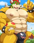 anthro balls barely_visible_balls barely_visible_genitalia barely_visible_penis bulge clothing detailed_bulge duo eyebrows fungus genitals hair horn hyper macro male mega_mushroom muscular muscular_anthro muscular_male mushroom nipples pecs penis penis_base red_hair size_difference thong underwear maldu mario_bros nintendo bowser mario human koopa mammal scalie 4:5 absurd_res hi_res