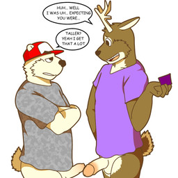 anthro antlers balls baseball_cap bottomless circumcised circumcision_scar clothed clothing comparing comparing_penis cut_vs_uncut duo embarrassed erection foreskin fur genital_scar genitals half-erect hat headgear headwear horn humanoid_genitalia humanoid_penis long_foreskin male male/male open_mouth penis scar shirt simple_background slightly_chubby t-shirt text tight_foreskin topwear dangerously bear deer mammal polar_bear ursine 1:1 2016 digital_media_(artwork) english_text hi_res