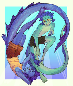 adolescent blue_body blue_skin duo green_body green_skin light long_tail looking_at_another male red_eyes romantic romantic_couple scales sea split_form sunlight tail underwater water young young_male souchi disney luca_(pixar) pixar alberto_scorfano luca_paguro aquatic humanoid merfolk hi_res