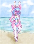 ambiguous_gender anthro antlers beach big_ears bikini blue_hair blue_nose clothing femboy grey_eyes hair hand_on_hip hooves horn looking_at_viewer navel pink_body sand sea smile solo standing swimwear two-piece_swimsuit water white_body conditional_dnp octavetothink baylie_(octavetothink) deer mammal 2024 absurd_res digital_drawing_(artwork) digital_media_(artwork) hi_res male_(lore)