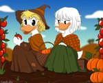 anthro basket blonde_hair blush comic_book_character container crate dirt duo ex-royalty exiled eye_contact farm farmers farming farmland female female/female food fruit hair historical_dress historical_people holding_object looking_at_another messy_hair peasant plant pumpkin romantic romantic_couple rural secret_identity sitting sitting_on_crate surprised_expression tomato tomato_plant wives kinkypeach daisy_and_the_mysteries_of_paris disney disney_comics daisy_duck marie_antoinette marie_ducklette anatid anseriform avian bird duck