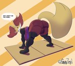 anthro big_breasts big_butt breasts butt clothed clothing dialogue female hanging_breasts huge_breasts huge_butt looking_back red_eyes solo speech_bubble tail yoga guyzep nintendo pokemon delphox generation_6_pokemon pokemon_(species) absurd_res hi_res