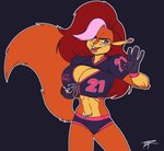 anthro ball breast_implants breasts cleavage clothed clothing female football_gear gridiron_ball hair multicolored_hair round_breasts solo text text_on_clothing text_on_topwear top_heavy topwear two_tone_hair teer marika_(teer) mammal rodent sciurid tree_squirrel hi_res