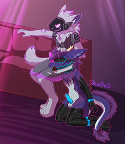 ankles_tied anthro armwear balls bdsm bent_legs blindfold bodily_fluids bondage bound clothing cuff_(restraint) cuffed_ankles cuffed_wrists dominant dominant_male dripping duo furniture gag gagged gagged_drooling genital_fluids genitals hair hands_behind_back hands_tied hands_tied_behind_back headpat kneeling latex latex_armwear latex_clothing latex_legwear legwear machine male male/male moan muffled muffled_moaning muffled_speech open_mouth penis precum precum_drip restraints ring_gag sofa submissive submissive_male throbbing throbbing_penis tongue tongue_out davyboi mythology dragon mythological_creature mythological_scalie protogen scalie absurd_res hi_res