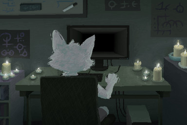 ambiguous_gender anthro candle chair computer desktop detailed_background electronics fur furniture inside keyboard poster rear_view sitting solo white_body white_fur demensa mammal 2024 3:2 hi_res shaded