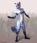 2019 abs andy_(character) animal_genitalia animal_penis anthro athletic athletic_anthro athletic_male balls big_tail biped black_body black_fur blue_body blue_fur blush canid canine canine_genitalia canine_penis claws ear_piercing ear_ring fluffy forest fox fur genitals green_eyes hair hi_res inviting jewelry long_tail looking_at_viewer male mammal markings naruka pecs penis penis_tip piercing pink_penis plant pose ring_piercing sheath simple_background solo tail tattoo tree white_body white_fur white_hair