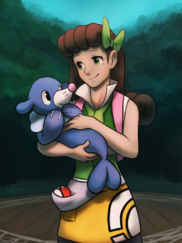 ambiguous_gender apron backpack blue_body blue_skin brown_hair clothed clothing duo female feral green_eyes hair larger_female long_hair nude outside pink_nose pokeball ribbons shirt size_difference smaller_ambiguous smile standard_pokeball topwear haychel nintendo pokemon aquatic generation_7_pokemon human mammal pinniped pokemon_(species) popplio 2016 hi_res