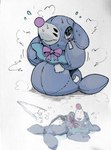 ambiguous_gender bodily_fluids body_horror distressed feral inanimate_transformation panicking plush_stuffing plushie plushification ribbons simple_background solo stitch_(sewing) sweat transformation x_eyes winte nintendo pokemon animate_inanimate generation_7_pokemon pokemon_(species) popplio