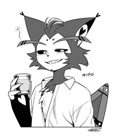 alcohol anthro beverage clothed clothing container cup drunk feathered_wings feathers holding_container holding_cup holding_object male simple_background solo substance_intoxication white_background wings enaic31 hazbin_hotel hellaverse husk_(hazbin_hotel) demon domestic_cat felid feline felis mammal hi_res monochrome