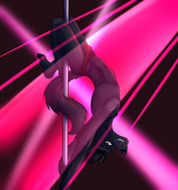 anthro black_body black_fur black_hair bulge clothing dancing detailed_bulge fur hair looking_at_viewer male pole pole_dancing scar solo stripper_pole underwear angelohoshi canid canine canis jackal mammal absurd_res hi_res
