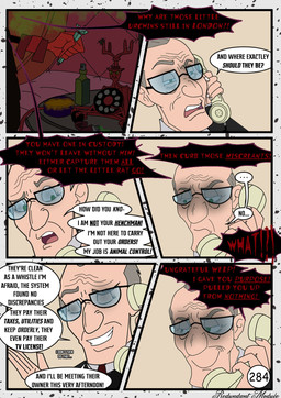 clothing dialogue elderly_female elderly_male electronics eyewear female glasses gloves green_eyes grey_hair hair handwear holding_object holding_phone human_only light_body light_skin male not_furry phone red_clothing red_gloves red_handwear speech_bubble text redundantmodule 101_dalmatian_street 101_dalmatians disney alfred_bright cruella_de_vil human mammal comic english_text hi_res