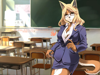 against_desk against_furniture against_surface anthro blonde_hair bottomwear breasts chair chalkboard classroom cleavage clothed clothing desk detailed_background eyebrows eyelashes eyewear female fully_clothed furniture glasses hair holding_object information_board inside japanese kemono long_hair looking_at_viewer school shirt skirt solo standing suit table tail teacher text topwear yellow_eyes sumomo_kpa canid canine canis domestic_dog mammal 4:3 english_text hi_res japanese_text translated wallpaper