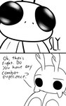 2_panel_comic ambiguous_gender answer antennae_(anatomy) biped black_eyes black_text cloak clothing dialogue duo eyebrows question question_mark simple_background talking_to_another text white_background skeletorskeletonized hollow_knight team_cherry bretta_(hollow_knight) arthropod beetle insect 2020 5:8 comic digital_media_(artwork) english_text hi_res female_(lore) male_(lore)